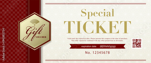 Japanese Modern Red Gift Voucher Template - Ichimatsu & Asanoha Pattern Design
