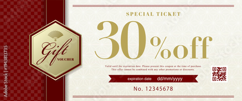 Japanese Modern Red Gift Voucher Template - Ichimatsu & Asanoha Pattern Design
