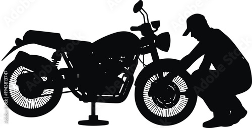 Collection of motorcycle mechanic repair silhouette with bike on stand, vector illustration showing technician fixing motorbike, black isolated shapes for automotive service, workshop concept