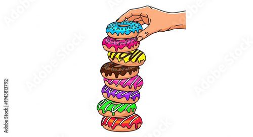 Hand Holding Stacked Colorful Donuts.