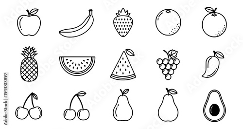 Black and white fruit icon set with apple banana strawberry orange pineapple watermelon grapes mango cherries pear avocado