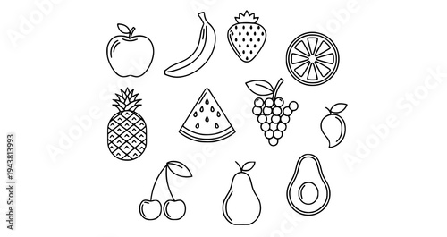 Outline fruit icon collection with apple banana strawberry orange pineapple watermelon grapes mango cherries pear avocado