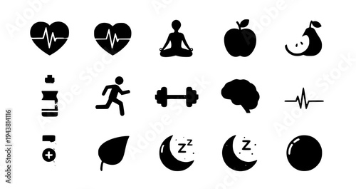 Wellness and healthy lifestyle icon set with fitness nutrition meditation and mental health symbols