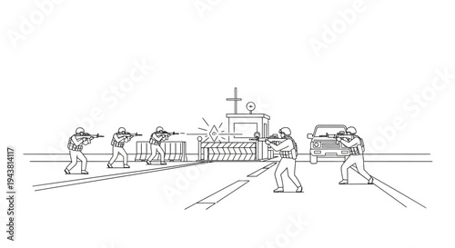 Military Special Forces Raid, Combat Scene with Soldiers and Vehicle