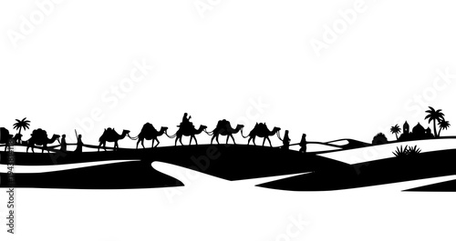 Desert caravan journey silhouette with camels traders oasis palms and dunes landscape vector