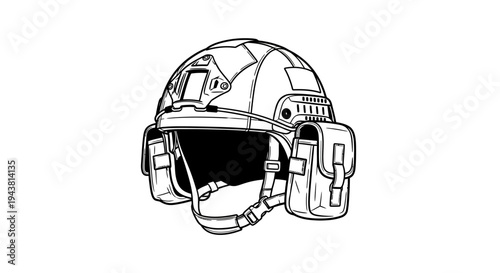 Military Tactical Helmet with Side Pouches and Chin Strap - Line Art Illustration