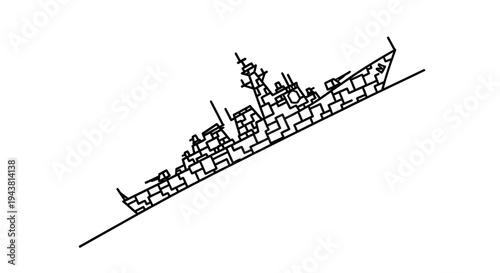 Minimalist Line Art of a Warship Sailing on Water