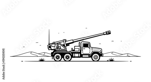 Mobile artillery cannon on truck, military vehicle, vector illustration