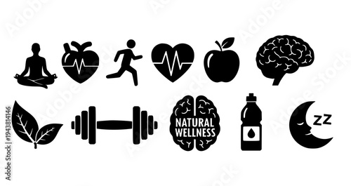 Healthy lifestyle wellness silhouette icons with meditation fitness nutrition and mental health symbols