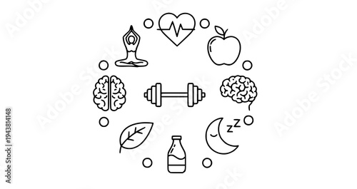 Wellness outline icon collection with yoga fitness nutrition mental health and healthy lifestyle symbols