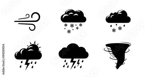 Weather elements icon set with wind snow storm cloud and tornado natural climate symbols