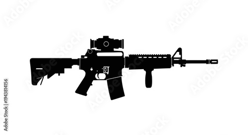 Modern Assault Rifle Silhouette with Optical Sight, Black and White Vector Illustration