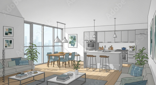 Modern Open-Plan Kitchen and Dining Area with Large Windows.