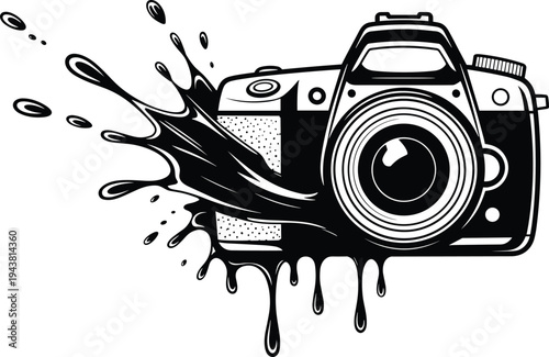 Retro camera with ink splash and dripping paint, creative photography illustration, artistic vintage camera concept, grunge style graphic design