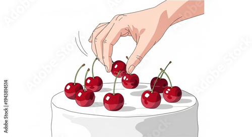 Hand placing cherry on cake.