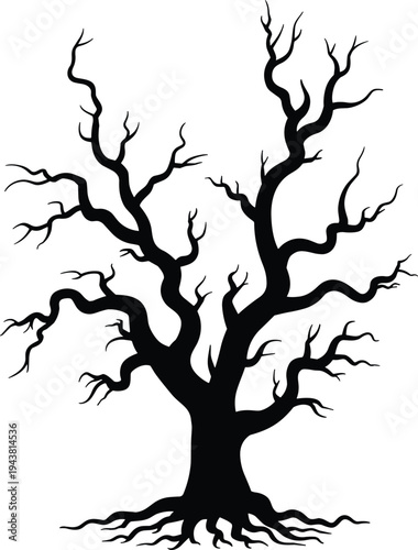 Dead tree silhouette with twisted branches and roots, spooky nature illustration, barren forest design, Halloween gothic landscape element