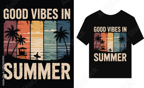 Vintage summer beach scene with lifeguard tower and surfer silhouette at sunset