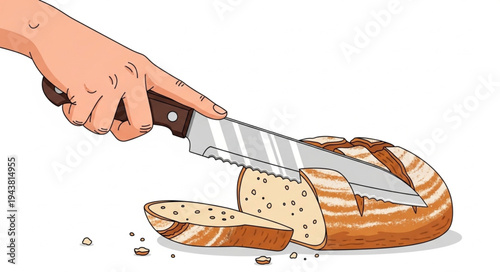 Hand cutting a baguette slice.