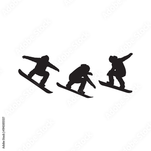 Black silhouettes snowboarders on white background illustration.
