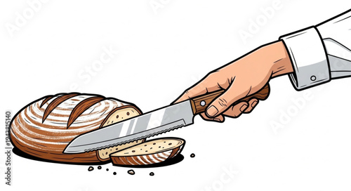 Hand cutting loaf of bread.