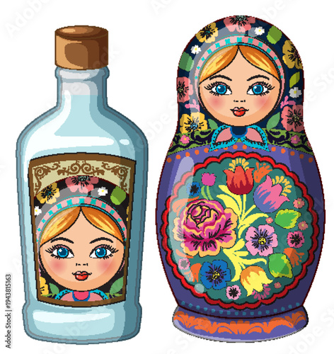 Russian Matryoshka Doll and Decorative Vodka Bottle Illustration