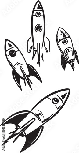 Four whimsical rockets with faces and fins soaring through space