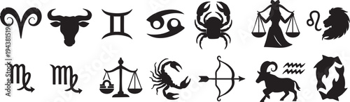 Twelve zodiac sign silhouettes on white background signs astrology aries