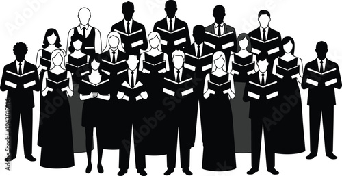 Choir group silhouettes singing together, men women holding hymn books, gospel music performance vector illustration isolated