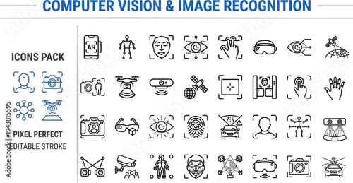 Computer Vision and Image Recognition Icon Set: Object Detection, Facial Recognition, AI Vision, Deep Learning, Machine Learning and Artificial Intelligence Line Vector Illustrations