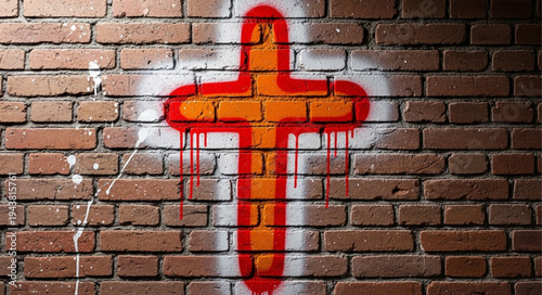 Colorful Cross Graffiti on Brick Wall Urban Art.