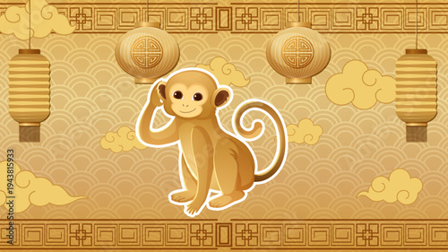 Chinese Zodiac Monkey Illustration with Traditional Lanterns and Golden Background
