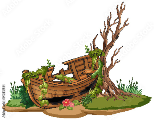 Abandoned Wooden Boat Beside Dead Tree with Overgrown Plants