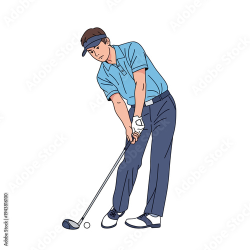 Illustration of a focused golfer wearing a blue shirt and cap, preparing to swing a golf club on a clean white background with a calm and concentrated mood.