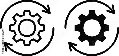 Two gears with circular arrows represent a process or system.