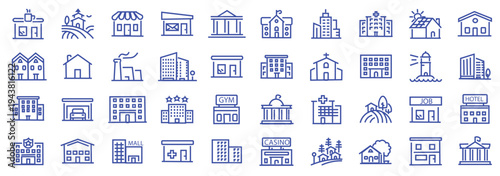 Building web icons in line style. Hotel, hospital, apartament, city, town house, mall, coffee, collection. Editable stroke. Vector illustration.