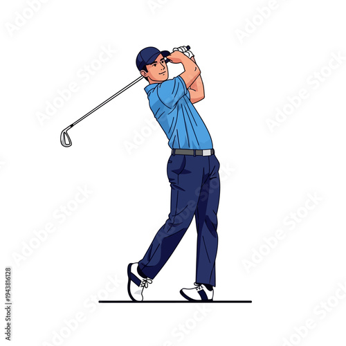 An illustrated golfer in a blue shirt and cap swings a golf club with a focused expression on a clean white background.