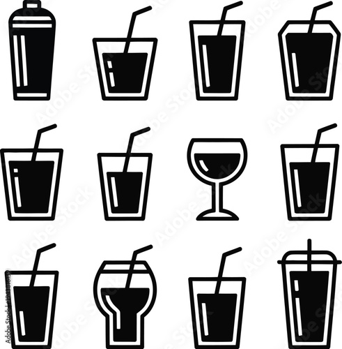 A set of black and white drink icons with straws and glasses
