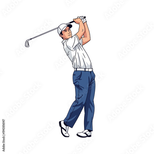 Illustration of a golfer in a white shirt and blue pants swinging a golf club with both hands on a solid white background.