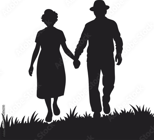 Elderly couple silhouette walking together holding hands on grass showing love, companionship, retirement life, support and long lasting relationship concept
