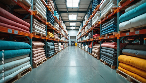  Fabric rolls stacked on pallets in organized textile factory warehouse