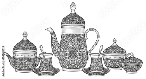 Elegant Traditional Tea Set with Teapot and Cups.