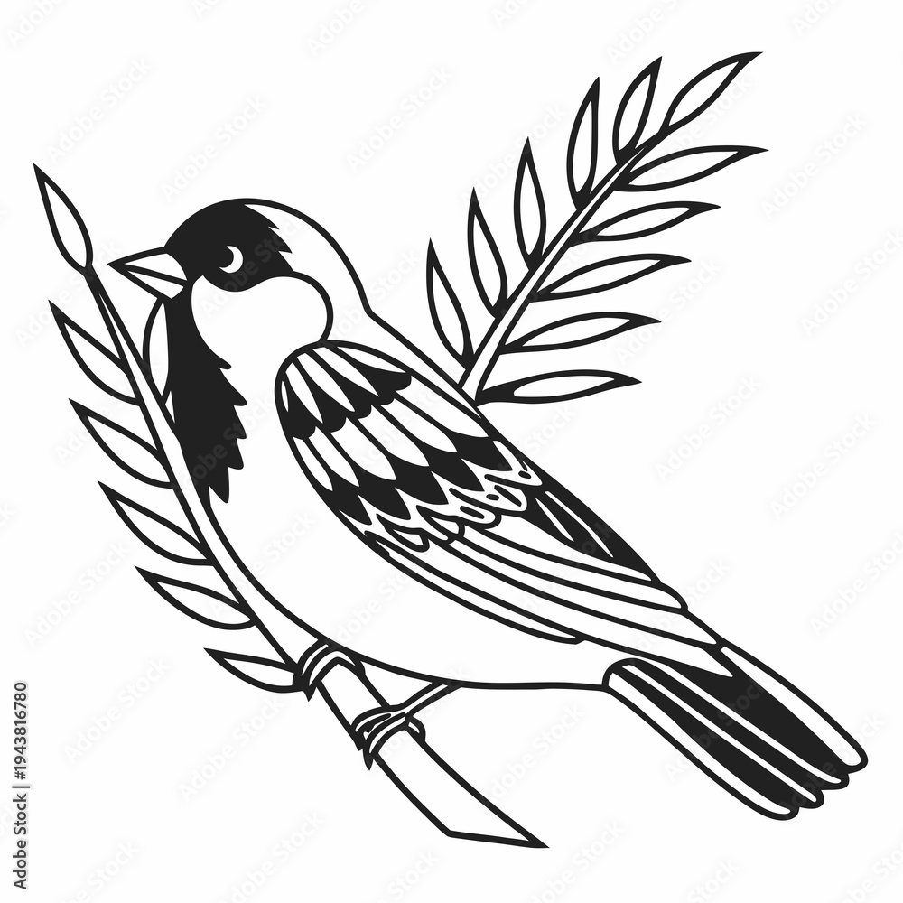 Obraz premium Sparrow carrying a twig in its beak, simple outline illustration, clean black line art, white background.