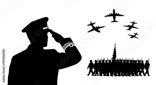 Military Parade and Air Show: Soldier Saluting, Troops Marching, Airplanes Flying in Formation