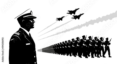 Military Parade: Commander Oversees Air Force Jets and Marching Soldiers in Formation
