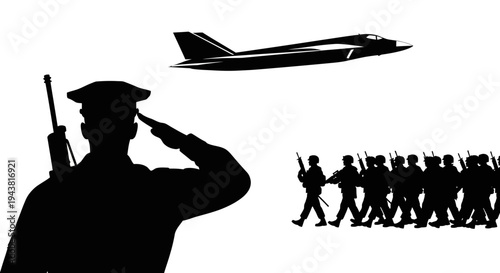 Military Parade: Soldier Salutes Jet and Marching Troops
