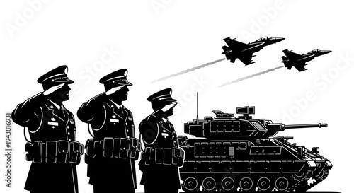 Military Parade: Soldiers Saluting, Tank, Fighter Jets Flying Overhead