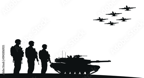 Military Parade: Soldiers, Tank, and Fighter Jets in Formation