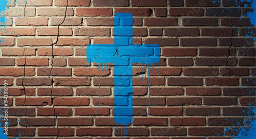 Blue Cross Symbol Painted on Brick Wall.