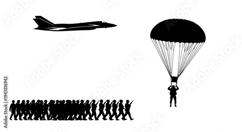 Military Paratrooper Descending, Jet Flying, Soldiers Marching Silhouette