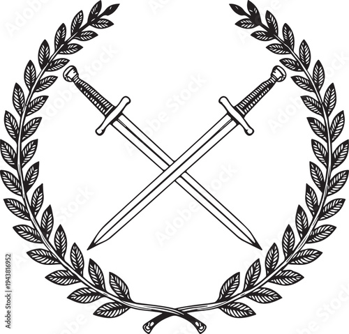 Two swords crossed inside a laurel wreath symbolizing victory and honor.